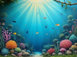 Underwater Garden Scene - Close-up of a garden wall painted with an underwater scene featuring coral, seaweed, and marine life in ethereal blues and greens