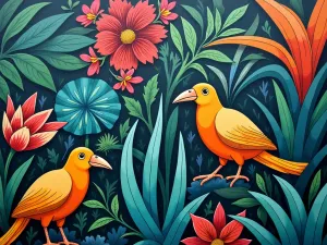 Urban Jungle Wall Art - Close-up of a contemporary garden wall featuring street art-style tropical plants and animals in vibrant colors