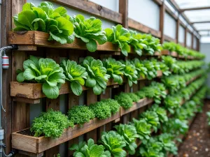 Urban Vegetable Pallet Garden - Wide shot of a productive pallet wall system featuring lettuce, strawberries, and compact tomato varieties, with integrated irrigation system