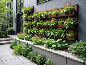 Urban Vertical Garden Wall - Modern retaining wall system in a small urban space, featuring vertical garden modules with seasonal flowers and herbs, integrated irrigation system visible.