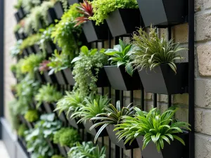 Vertical Garden Grid - Close-up of a black metal grid system supporting a variety of modern planters and architectural plants, creating a living garden wall