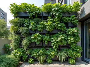 Vertical Garden Trellis Panel - Aerial view of modular green wall trellis system with integrated planters, featuring various climbing vegetables and herbs, modern urban garden setting