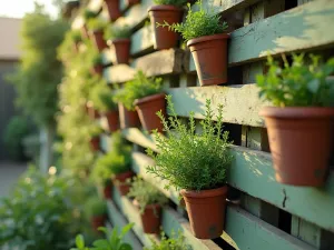 Vertical Pallet Herb Garden - A rustic vertical garden wall made from reclaimed wooden pallets, painted in soft sage green, filled with cascading herbs like thyme, rosemary, and mint in terracotta pots, shot in close-up perspective with morning sunlight filtering through