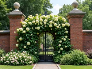 Victorian Brick Walled Garden - High Victorian-style brick wall with decorative pillars and iron details, classic climbing hydrangea and heritage roses, wide angle view