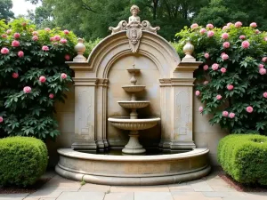 Victorian Style Wall Fountain - Ornate limestone wall fountain with cherub details and tiered basins, surrounded by climbing roses and boxwood hedges