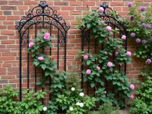 Victorian Style Wire Trellis - Ornate Victorian-style wire trellis panels with climbing roses and clematis, against brick wall, heritage garden design