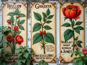 Vintage Garden Advertisement Wall - Close-up of a garden wall painted to look like vintage seed packet advertisements, with detailed botanical illustrations and typography