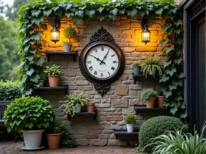 Vintage Garden Clock Display - A rustic stone garden wall decorated with an ornate vintage metal clock surrounded by climbing ivy and small potted succulents on mounted metal shelves, warm evening lighting