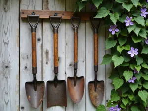 Vintage Tool Collection - Rustic display of antique gardening tools arranged artistically on a weathered wooden wall, with climbing clematis