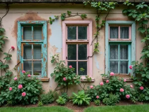 Antique Window Frame Display - Aerial view of a garden wall decorated with vintage window frames, painted in pastel colors, with climbing roses growing through them