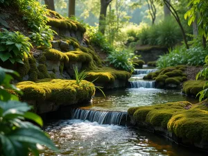 Water Wall Garden - An innovative living wall incorporating a gentle water feature trickling through moss and moisture-loving plants, afternoon light catching water droplets, wide angle view