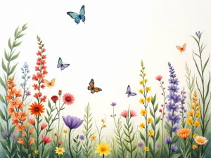 Whimsical Garden Wall Mural - A close-up view of a white garden wall painted with vibrant wildflowers and butterflies in watercolor style, showing detailed brush strokes and subtle color blending, soft afternoon lighting