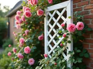 Classic Wooden Lattice Trellis with Climbing Roses - Elegant white-painted wooden lattice trellis mounted on a brick garden wall, covered in blooming pink climbing roses, soft morning light, architectural photography style