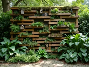 Woodland Fern Wall - Close-up of a naturalistic pallet wall in a shaded area, featuring various ferns, moss, and woodland plants, with integrated bird houses