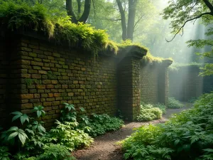 Woodland Garden Brick Wall - Moss-covered brick wall in a shaded woodland setting, with ferns and hostas at its base, morning mist atmosphere