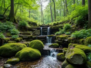 Woodland Moss Wall - Natural stone retaining wall in a shaded woodland setting, covered in various species of moss and ferns. Small waterfalls create a peaceful atmosphere.