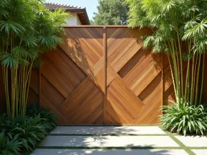 Woven Wood Panel Screen - Artistic woven wood panel garden wall with diagonal pattern, creating dappled shadows on stone patio, bamboo plants in foreground