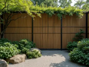 Zen Garden Bamboo Screen - Aerial view of bamboo and steel cable trellis screen, with climbing jasmine and ivy, Japanese zen garden atmosphere