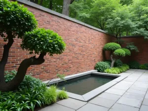 Zen Garden Brick Wall - Close-up of a simple brick wall with Japanese design influence, featuring a water channel and minimal plantings of cloud-pruned boxwood