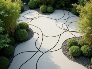 Zen Garden Wall Pattern - Aerial view of a minimalist garden wall painted with flowing black lines reminiscent of zen garden patterns, surrounded by Japanese maples and bamboo