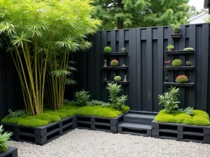 Zen Pallet Bamboo Screen - Aerial view of a minimalist garden space featuring a tall pallet wall painted black, with integrated bamboo plantings and small Japanese moss gardens in each pallet section