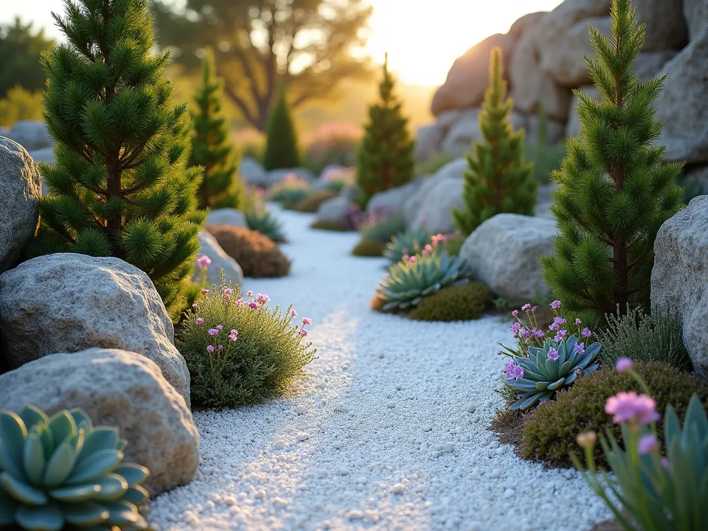 Tranquil Alpine Rock Garden with White Gravel - A DSLR wide-angle photograph of a serene alpine rock garden at golden hour, featuring pristine white gravel pathways winding between naturally weathered boulder formations. Small, architectural dwarf conifers like Picea glauca 'Conica' create vertical interest, while clusters of hardy succulents such as Sempervivum and Sedum spread between rocks. Alpine plants including Saxifraga and Androsace dot the landscape with delicate flowers. The composition captures multiple levels with moss-covered rocks creating a natural mountain-like terrain, all set against a soft-focus background of larger garden elements. The low evening sun casts long shadows across the textured white gravel, highlighting the dimensional quality of the rock formations and plants. Shot at f/8 for optimal depth of field, capturing the intricate details of both close succulents and distant garden elements.