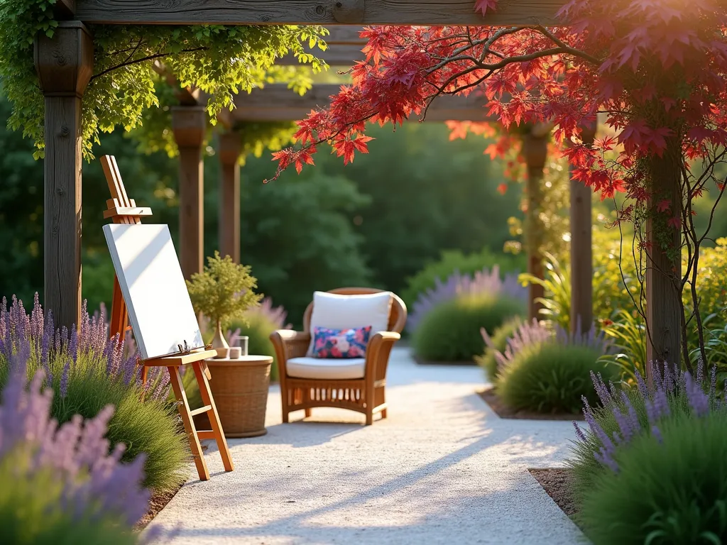 Tranquil Artist's Garden Retreat - A serene outdoor artist's studio space nestled in a garden setting, captured during golden hour. A pristine white gravel path and seating area creates a bright, clean canvas against lush greenery. A wooden easel stands prominently, catching warm sunlight, while a comfortable wicker armchair with plush cushions offers a cozy spot for creativity. Lavender and ornamental grasses sway gently in the foreground, while climbing roses adorn a weathered pergola overhead. Japanese maples provide dappled shade, their deep red leaves contrasting beautifully with the white gravel. Art supplies and finished canvases are thoughtfully arranged on a rustic wooden table. Shot with a wide-angle lens to capture the entire composition, with soft natural lighting enhancing the artistic atmosphere. Professional DSLR photo with perfect depth of field showing the harmonious blend of artistic workspace and garden sanctuary.