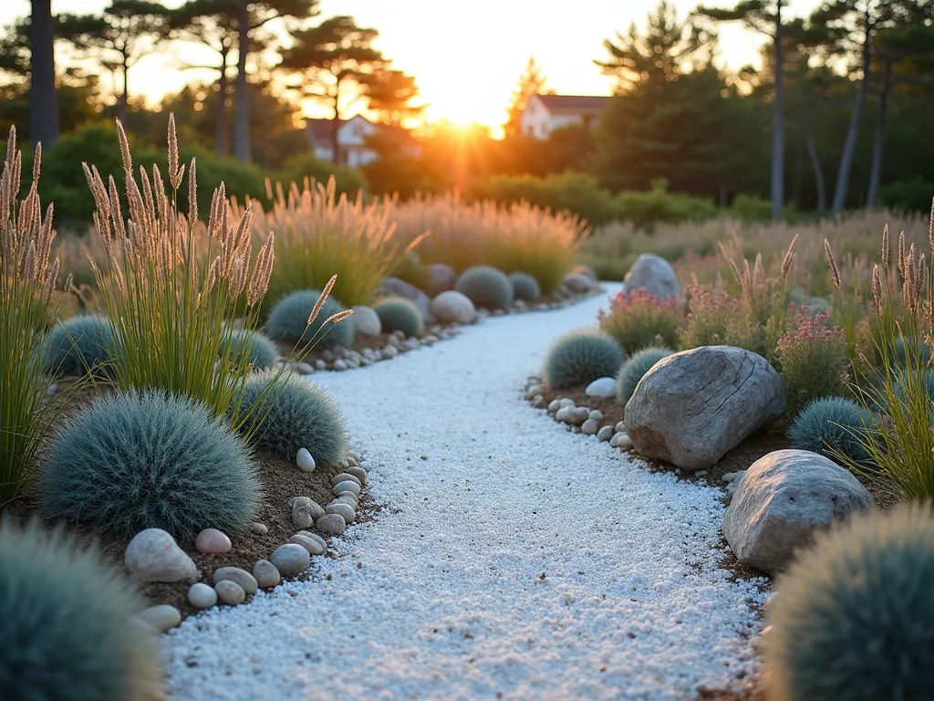 Serene Coastal Gravel Garden - A tranquil coastal garden at golden hour, featuring winding paths of pristine white gravel bordered by swaying ornamental grasses and clusters of silvery-blue fescue. Weathered driftwood pieces serve as natural sculptures amid the landscape, while maritime pines provide height and structure in the background. Natural seashells are artfully scattered along the gravel edges, catching the warm evening light. The scene is photographed from a low angle with a 16-35mm lens at f/2.8, creating a dreamy depth of field that highlights the textures of the gravel against the soft movement of the coastal plants. The garden includes strategic placement of beach pebbles and coastal succulents, with sea thrift adding splashes of pink among the predominantly blue-green palette.