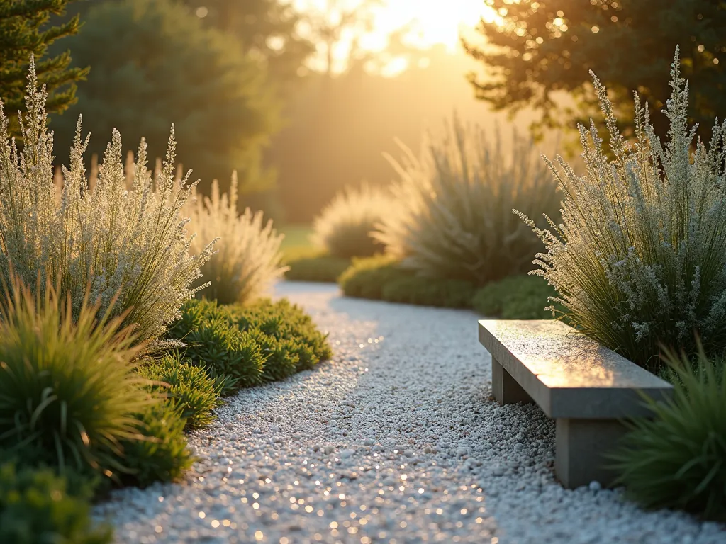 Dewy Morning Gravel Garden - A serene east-facing garden at dawn, photographed with a wide-angle lens capturing golden morning light filtering through misty air. White gravel pathways shimmer with dew drops, creating a luminous effect. Japanese forest grass and silver-leaved plants like Artemisia 'Silver Mound' border the paths, their foliage glistening with morning moisture. Ornamental grasses catch the early sunlight, creating ethereal backlighting. The composition includes a modern stone bench and copper garden sculptures that reflect the warm morning light. Delicate clusters of white Gaura and Diamond Frost Euphorbia dance above the gravel, their tiny flowers sparkling with dew. Shot at f/2.8 with shallow depth of field, creating a dreamy atmosphere with bokeh effects on the water droplets.