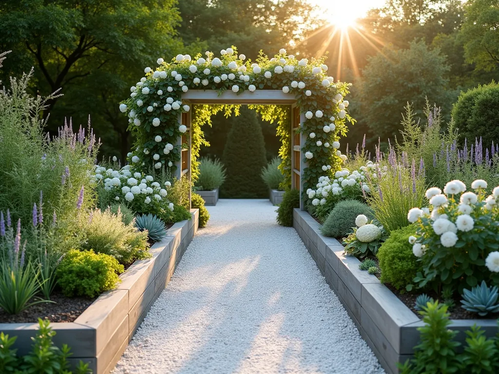 Elegant White Gravel Kitchen Garden at Sunset - A serene kitchen garden at golden hour, featuring pristine white gravel paths weaving between elegant raised wooden beds. The beds overflow with silver-leaved herbs and white flowering vegetables. White flowering thyme cascades over the edges, while tall white echinacea and flowering garlic create height. Neat rows of white cauliflower and silvery sage add structure. The warm evening light casts long shadows across the crisp gravel paths, creating a sophisticated and peaceful atmosphere. A white-painted wooden arch covered in white climbing roses frames the scene.