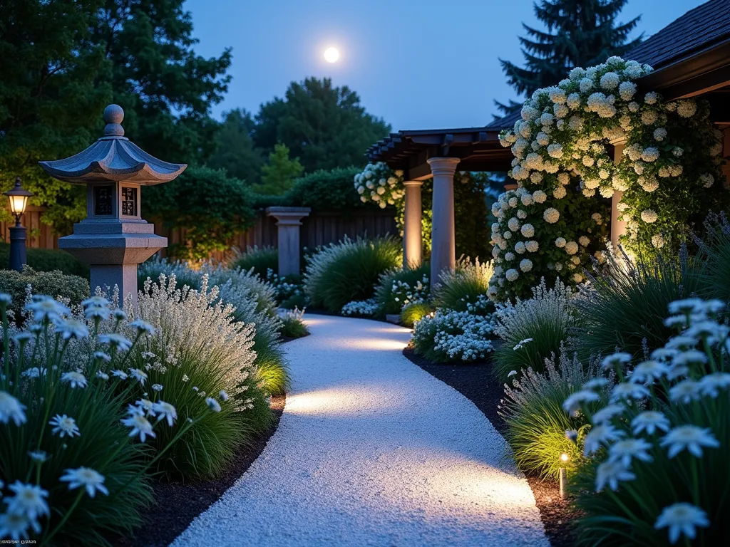 Enchanted Moonlight Gravel Garden - A serene evening garden scene captured with a wide-angle lens showing a winding path of pristine white gravel illuminated by soft ground lighting. The path meanders through beds of ethereal white flowering plants including luminous Moon Flowers, White Echinacea, and Artemisia, their silver foliage catching the moonlight. Japanese stone lanterns cast gentle pools of light while white climbing roses adorn a pergola overhead. The scene is photographed during blue hour, with a full moon visible in the dusky sky, creating an ethereal atmosphere where the white elements seem to float in the twilight. Sharp detail in the gravel texture contrasts with the dreamy, soft-focus flowering plants, shot at f/2.8 to create magical bokeh effects with the garden lighting.