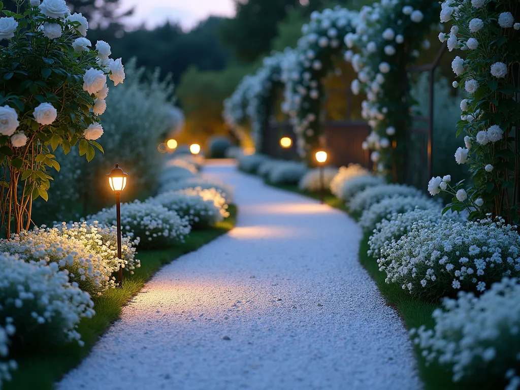 Enchanted White Gravel Garden Path at Twilight - A winding garden path made of pristine white gravel, photographed at twilight with a romantic atmosphere. The path is elegantly bordered by blooming white candytuft and climbing white roses on decorative trellises. Soft, warm landscape lighting illuminates the path from below, creating an ethereal glow that makes the white gravel shimmer. Low-voltage path lights are nestled among the flowers, casting gentle shadows and highlighting the texture of the gravel. The perspective is a medium-wide angle shot that captures both the curves of the path and the depth of the garden, with the foreground showing detailed gravel texture and flowering plants, while the background fades into a dreamy bokeh effect. The scene is captured during the blue hour, with a subtle purple-blue sky adding depth to the composition.