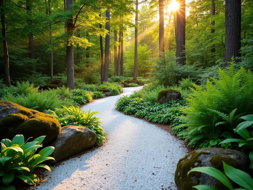 Enchanted White Gravel Woodland Path - A serene woodland garden path photographed during golden hour, featuring a winding white gravel walkway bordered by lush native ferns, Japanese Painted Ferns, and Wood Anemones. Natural moss-covered boulders punctuate the landscape, while dappled sunlight filters through overhead native trees creating magical light patterns on the crisp white gravel. The path curves gently through the shade garden, with clusters of Wild Bleeding Hearts and Hostas adding texture and depth. Shot from a low angle with a wide-angle lens at f/8, capturing the immersive forest atmosphere with perfect depth of field. The white gravel contrasts beautifully with the rich greens of the woodland plants, while fallen leaves and scattered pine needles add authentic woodland character.