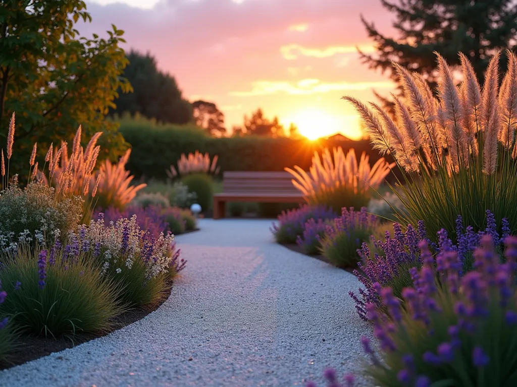 Ethereal White Gravel Sunset Garden - A serene west-facing garden at golden hour, featuring a winding white gravel path that glows with warm sunset light. Mexican feather grass and Japanese forest grass sway gently along the pathway edges, their translucent blades capturing the amber light. Purple verbena and white gaura flowers dance above the luminous gravel, while ornamental grasses cast dramatic shadows. The scene is captured from a low angle perspective, showing the gravel path leading to a modern wooden bench in the background. The white gravel reflects the pink and orange sunset sky, creating a magical, ethereal atmosphere. Wispy clouds streak across the sky, and solar-powered garden lights are nestled among the plantings, ready to illuminate as dusk approaches.