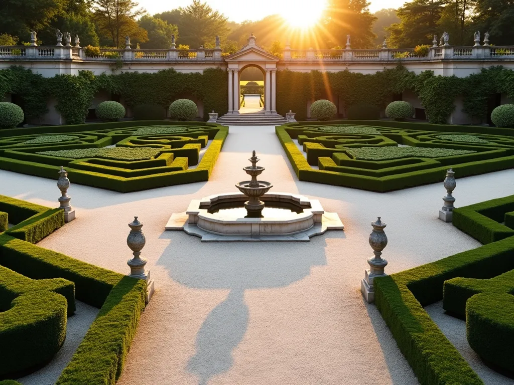 Symmetrical White Gravel Garden with Classical Elements - A stunning formal garden at golden hour, photographed with a wide-angle lens showcasing perfectly symmetrical paths made of pristine white gravel bordered by meticulously trimmed boxwood hedges. The garden features a central classical marble fountain surrounded by geometric patterns of gravel and topiary. Four matching stone statues stand at intersecting pathways, while perfectly manicured boxwood parterres create an intricate design. The low evening sun casts long shadows across the white gravel, highlighting its texture and the garden's formal structure. The background shows glimpses of a grand estate, with climbing roses on stone walls. Shot with a digital camera at 16mm, f/2.8, ISO 400, capturing the warm light and sharp architectural details of this European-style formal garden.