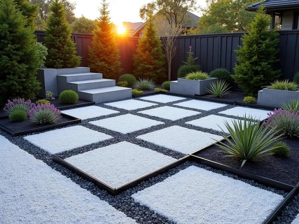 Modern Geometric Gravel Pattern Garden - A striking modern garden design featuring crisp geometric patterns created with pristine white gravel contained within sleek black metal edging, photographed during golden hour. The design showcases interlocking hexagons and triangles, with dark gray gravel and purple flowering sedum as dramatic contrasting elements. A wide-angle shot captures the pattern's full impact, while contemporary concrete planters with architectural succulents anchor the corners. Soft evening light casts subtle shadows across the geometric forms, enhancing their dimensional quality. Shot with a DSLR camera at f/8, ISO 100, capturing the precise edges and texture of the gravel against the clean metal borders.