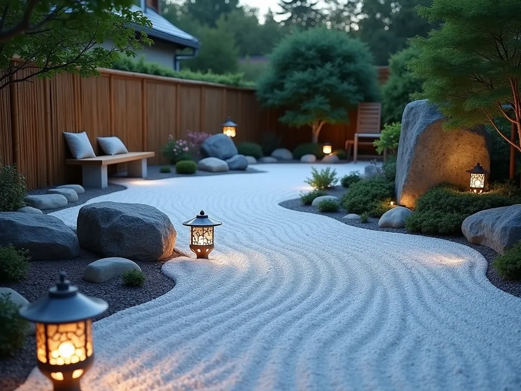 Tranquil Zen Garden with White Gravel Waves - A serene Japanese-inspired zen garden at dusk, featuring pristine white gravel meticulously raked in gentle wave patterns, creating a mesmerizing flow across the space. Traditional granite stone lanterns cast soft, warm light onto the scene. Carefully positioned natural boulders of varying sizes emerge from the gravel like islands. Dwarf Japanese maples and carefully pruned azalea bushes provide subtle touches of greenery. A simple wooden bench sits along one edge for meditation. The garden is bordered by bamboo fencing, and a stone water basin quietly complements the dry landscape design. Shot from a low angle to emphasize the gravel's wave patterns, with the lanterns creating depth and dimension in the fading twilight.