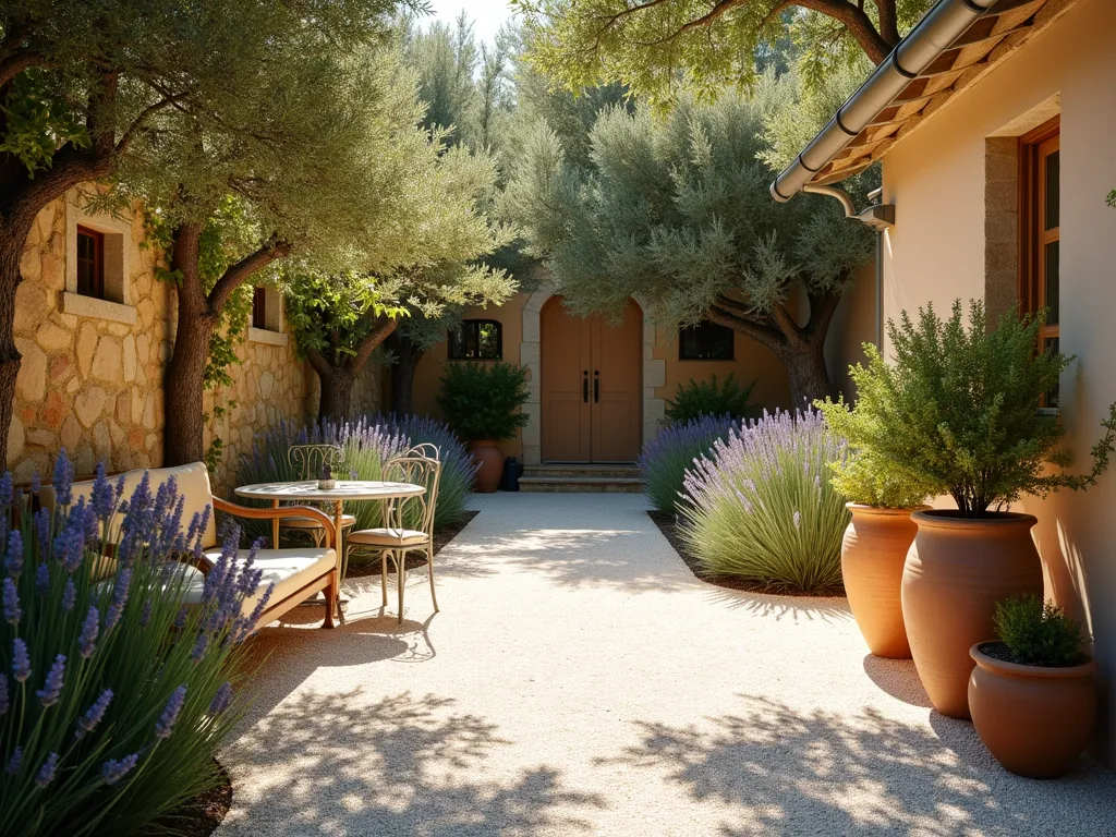 Sunlit Mediterranean Gravel Courtyard - A serene Mediterranean courtyard garden bathed in golden late afternoon sunlight, featuring pristine white gravel pathways winding between clusters of tall terracotta pots. Ancient olive trees cast dappled shadows across the space, while masses of silvery lavender sway gently in the breeze. The wide-angle composition showcases weathered stone walls draped with climbing vines, and ornate iron garden furniture perfectly positioned for outdoor living. The white gravel creates a luminous foundation that reflects the warm light, while classic Mediterranean architectural elements frame the scene. Shot with rich depth of field capturing the textural details of the gravel, pottery, and drought-resistant plantings, f/8, ISO 100, natural lighting, professional DSLR wide-angle lens