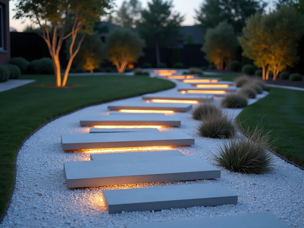 Floating Concrete Path in White Gravel - A stunning modern garden path at dusk, featuring large rectangular concrete pavers floating in pristine white gravel, photographed from a low angle. The minimalist walkway curves gently through a manicured space, with warm LED strip lighting underneath each paver creating a dramatic floating effect. Clean geometric lines are emphasized by subtle architectural grasses at the edges, while the white gravel reflects the ambient evening light. Professional landscape photography with shallow depth of field, captured with soft twilight illumination, highlighting the contemporary design elements and the contrast between the smooth concrete and textured gravel.