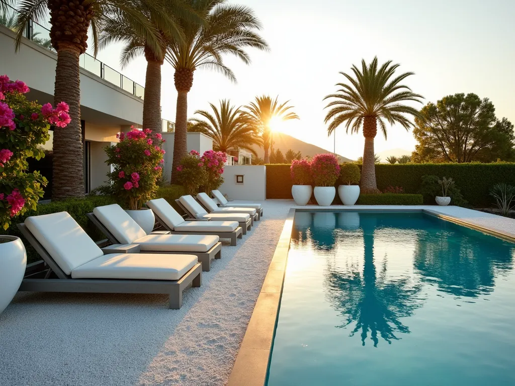 Modern Poolside Gravel Oasis - A luxurious modern swimming pool surrounded by pristine white gravel, captured during golden hour. Wide-angle shot showcasing sleek gray concrete loungers with plush white cushions positioned along the pool's edge. Tall, elegant palm trees and clusters of bird of paradise plants create dramatic shadows on the gravel. Mediterranean-style white planters filled with cascading bougainvillea add pops of vibrant color. Crystal-clear pool water reflects the warm sunset sky, while strategic uplighting illuminates the tropical foliage. The white gravel creates a clean, resort-like aesthetic, with subtle variations in texture captured by the low-angle sunlight. Shot at f/2.8 with a slight depth of field effect emphasizing the pool and lounging area.