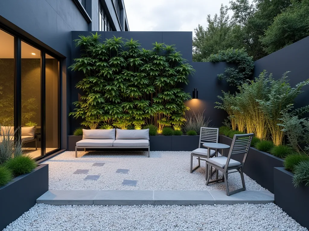 Modern Urban Gravel Courtyard Oasis - A stylish urban courtyard at dusk, featuring crisp white gravel pathways contrasting against modern charcoal-colored walls. A dramatic living wall spans one side, lush with ferns, trailing ivy, and compact bamboo. Minimalist LED lighting illuminates the gravel paths and highlights the vertical garden. Sleek, space-saving furniture includes a floating bench and foldable bistro set in brushed steel. White ornamental pebbles create geometric patterns around contemporary concrete planters containing silver-leafed plants. Shot from a medium-high angle to showcase the space-efficient design and the interplay between hardscaping and greenery.