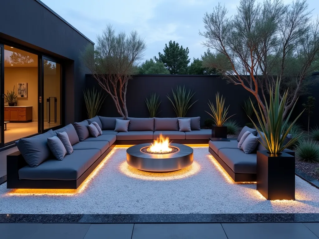 Modern White Gravel Fire Pit Retreat - A twilight scene of a contemporary outdoor living space featuring a circular brushed steel fire pit centered on a pristine white gravel bed, surrounded by sleek charcoal-colored modular seating. Minimalist black geometric planters of varying heights contain sculptural desert plants. LED strip lighting subtly illuminates the space from below the furniture, while the fire pit casts a warm glow across the white stones. Clean lines and right angles define the space, with a backdrop of architectural grasses creating subtle movement. The gravel area is perfectly bordered by dark granite edging, creating a striking contrast against the white stones. Shot from a 45-degree angle to capture both the intimate seating arrangement and the overall spatial design.