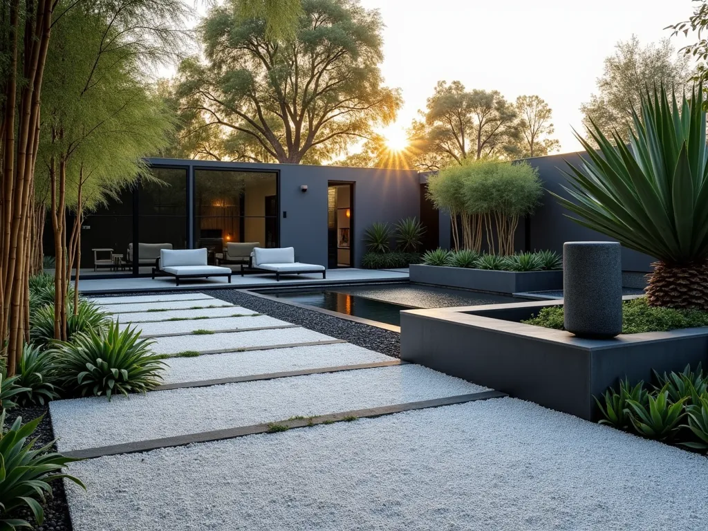 Contemporary White Gravel Garden with Architectural Elements - A stunning modern garden design captured at golden hour, featuring pristine white gravel paths contrasting with sleek, charcoal-colored rectangular steel planters. Wide-angle shot showcasing a minimalist water feature with a thin sheet of water cascading over black granite. Dramatic Agave attenuata and tall Bamboo provide architectural interest, while strategic LED lighting illuminates key features. Clean lines and geometric patterns are emphasized by the gravel layout, with contemporary gray outdoor loungers and a floating bench adding to the sophisticated atmosphere. Shot with shallow depth of field highlighting the textural interplay between smooth steel and rough gravel surfaces.