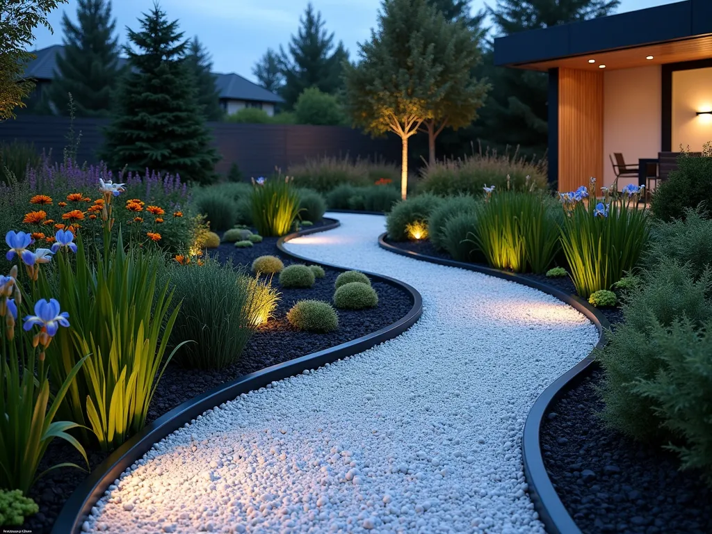 Modern White Gravel Rain Garden - A stunning twilight view of a modern rain garden featuring flowing, curved channels of pristine white gravel meandering through lush ornamental grasses and water-loving plants. The gravel paths are illuminated by subtle ground lighting, creating a ethereal glow. Japanese iris, sedges, and marsh marigolds line the edges, while sculptural black planters add contemporary contrast. Water droplets glisten on plant leaves, suggesting recent rainfall. The garden is set against a backdrop of minimalist landscaping with clean lines and geometric shapes.