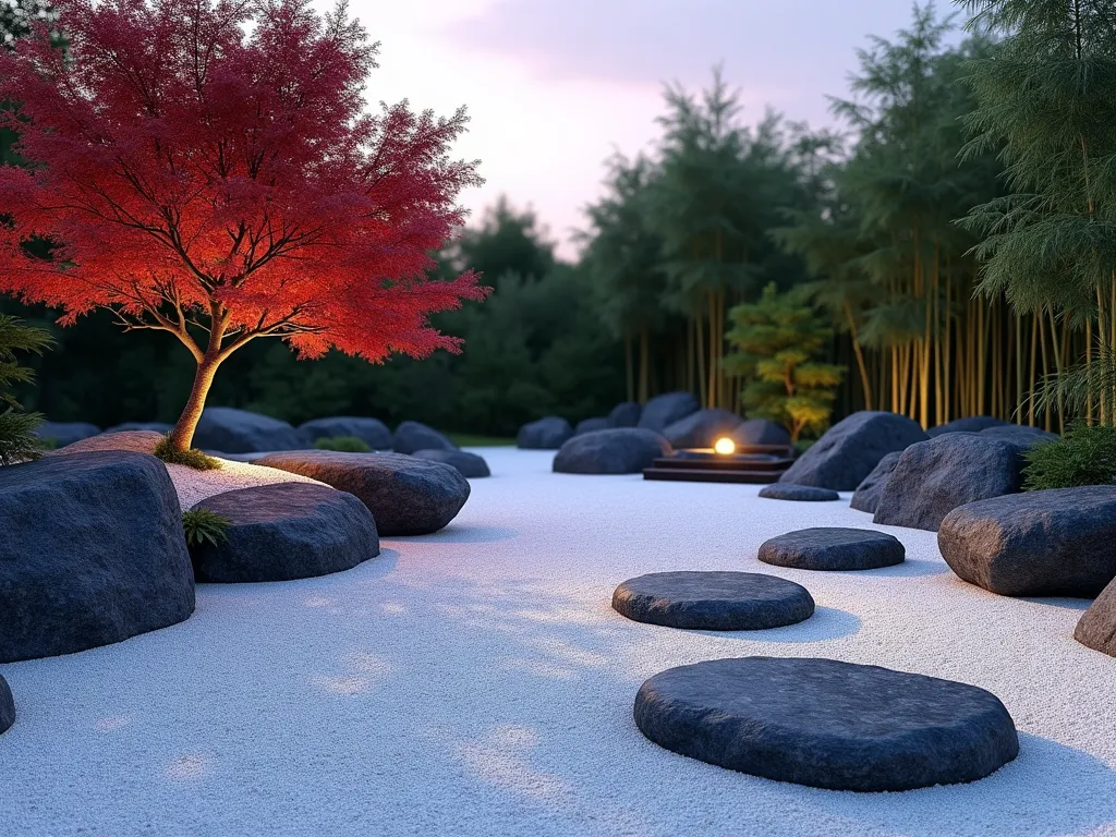 Serene Japanese Rock Garden with White Gravel - A tranquil Asian-inspired rock garden at dusk, featuring pristine white gravel raked in meditative circular patterns around carefully positioned black granite boulders. In the background, a graceful Japanese maple tree with delicate red foliage creates a striking contrast, while tall bamboo stalks gently sway in the breeze. Soft landscape lighting illuminates the scene, casting gentle shadows across the gravel surface. The garden is bordered by natural stone edging and includes a small wooden bridge crossing over a section of the gravel. Photographed from a low angle to emphasize the peaceful composition and zen-like atmosphere, with the evening sky adding subtle purple and orange hues to the scene. Hyperrealistic, 8k quality, architectural photography style.