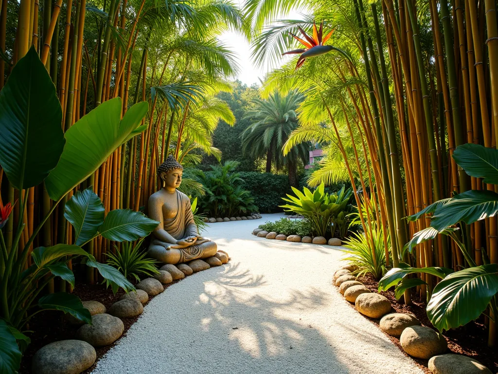 Tropical White Gravel Paradise - A stunning DSLR wide-angle photograph of a serene tropical garden path, featuring pristine white gravel meandering through towering bamboo clusters and vibrant tropical foliage. In the foreground, dramatic bird of paradise flowers and colorful crotons frame the path, while mature monstera deliciosa leaves create natural archways. A carved stone Buddha statue sits peacefully among giant elephant ears and swaying palm fronds. Golden late afternoon sunlight filters through the bamboo screens, casting intricate shadows across the bright white gravel, creating a striking contrast against the lush greenery. The path curves gracefully into the background, where additional tropical plantings create layers of emerald, burgundy, and gold foliage. Professional landscape lighting is subtly positioned to illuminate key features. Shot at f/8 for optimal depth of field, capturing the rich textures and intricate details of this exotic backyard retreat.