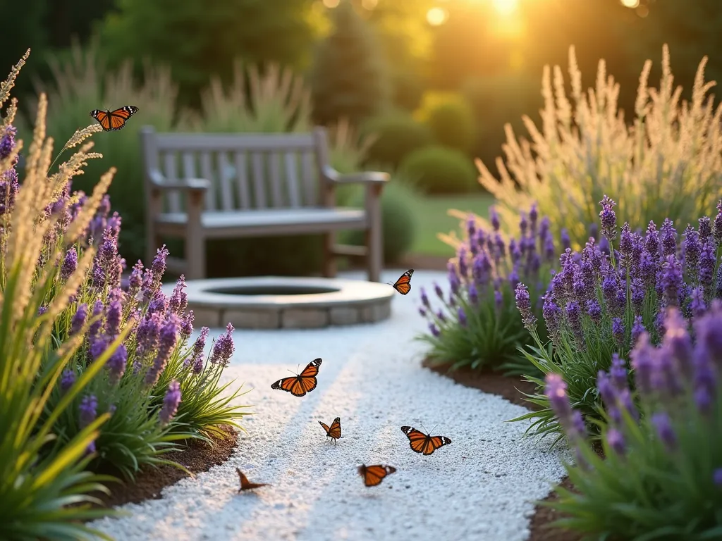 White Gravel Butterfly Garden Sanctuary - A serene garden scene at golden hour, featuring elegant white gravel pathways winding through masses of colorful butterfly-attracting flowers. The paths, captured with a wide-angle 16-35mm lens at f/2.8, lead to a small circular stone basin water feature. Purple coneflowers, lavender, and butterfly bush create a soft, naturalistic border along the gravel paths. Monarch and Swallowtail butterflies hover near the blooms, their wings catching the warm evening light. In the background, ornamental grasses sway gently, creating depth and movement. The white gravel reflects the golden sunlight, providing a luminous quality to the scene. A rustic wooden bench nestled among the plantings offers a peaceful viewing spot. Professional photography with shallow depth of field highlights the delicate butterfly wings while maintaining the garden's overall composition.