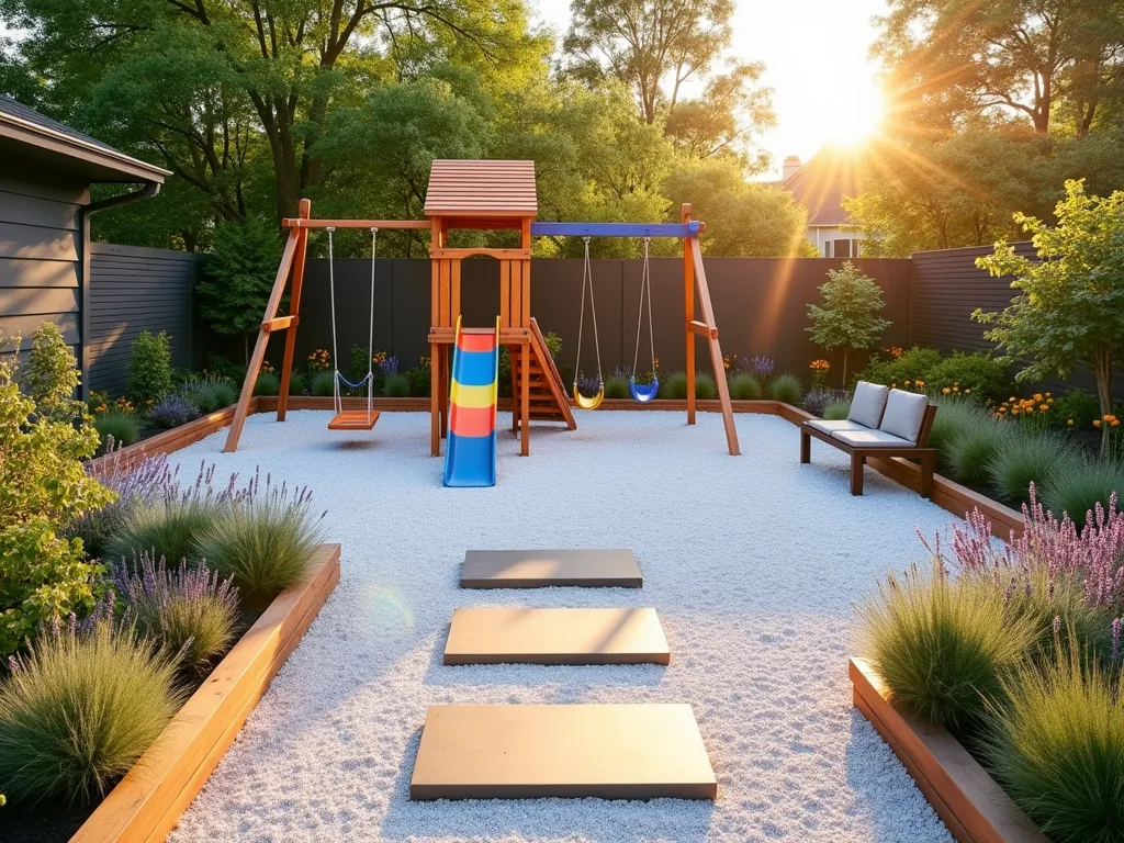 White Gravel Children's Play Area - A sunlit modern backyard play area featuring pristine white gravel as a safe, well-draining base, photographed in golden afternoon light. A colorful wooden play structure with swings and a slide stands centered, surrounded by low maintenance ornamental grasses and lavender creating natural borders. Clean-lined wooden borders contain the bright white gravel, while strategically placed smooth river rocks form stepping stones. Safety rubber matting in neutral tones beneath key play equipment adds protection. Contemporary minimalist benches offer seating for supervision. The scene is captured from a wide angle at f/8, showing the play area's integration with the overall garden design, while soft bokeh effects highlight the reflective qualities of the white gravel. Professional lighting emphasizes the space's bright, welcoming atmosphere and the textural contrast between the gravel and surrounding landscaping.