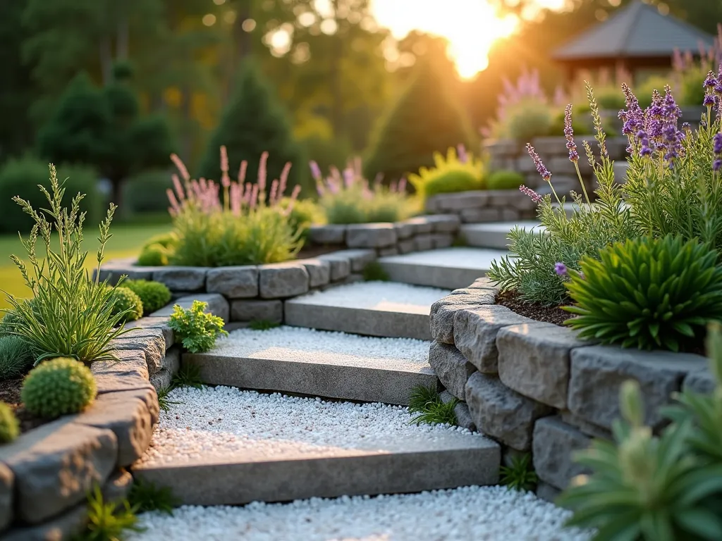 Spiral Herb Garden with White Gravel - A stunning close-up view of a spiral herb garden at golden hour, featuring ascending stone walls arranged in a perfect spiral pattern, filled with Mediterranean herbs. Crisp white gravel paths wind between the stone tiers, creating striking contrast. Fresh rosemary, thyme, and sage cascade over rough-textured natural stones, while lavender and oregano thrive at the sun-exposed top. Soft evening light casts gentle shadows across the spiral structure, highlighting the texture of the white gravel and the varying heights of the herbs. The background shows a blurred modern garden landscape with mature trees providing depth.