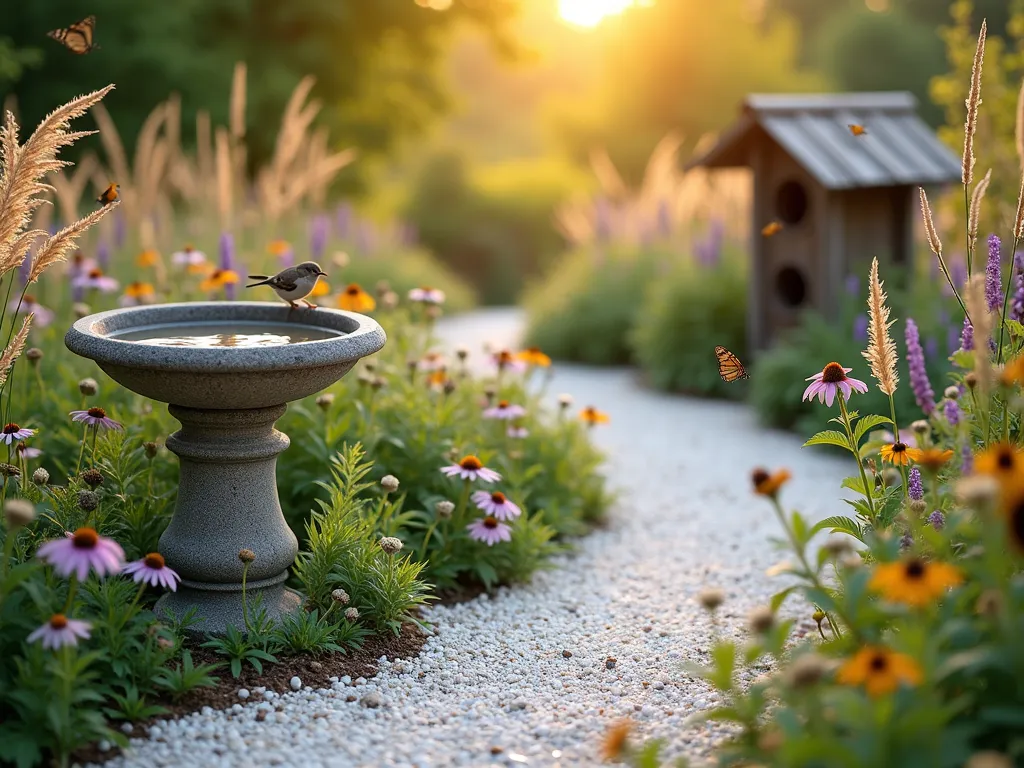 Serene White Gravel Wildlife Garden Path - A tranquil dawn scene of a winding white gravel pathway through a naturalistic garden, bordered by flowing native grasses and wildflowers. Golden morning light filters through the scene, illuminating a decorative stone bird bath as a bird perches on its rim. Native butterflies hover near purple coneflowers and black-eyed susans. A rustic wooden insect hotel adorned with dried stems sits nestled among swaying ornamental grasses. The white gravel path curves gracefully through the space, creating a soft contrast against the lush greenery. Dewdrops glisten on plant leaves, while bees buzz around the flowering plants. Shot from a low angle to emphasize the garden's wild, natural feeling, with soft bokeh effect in the background.